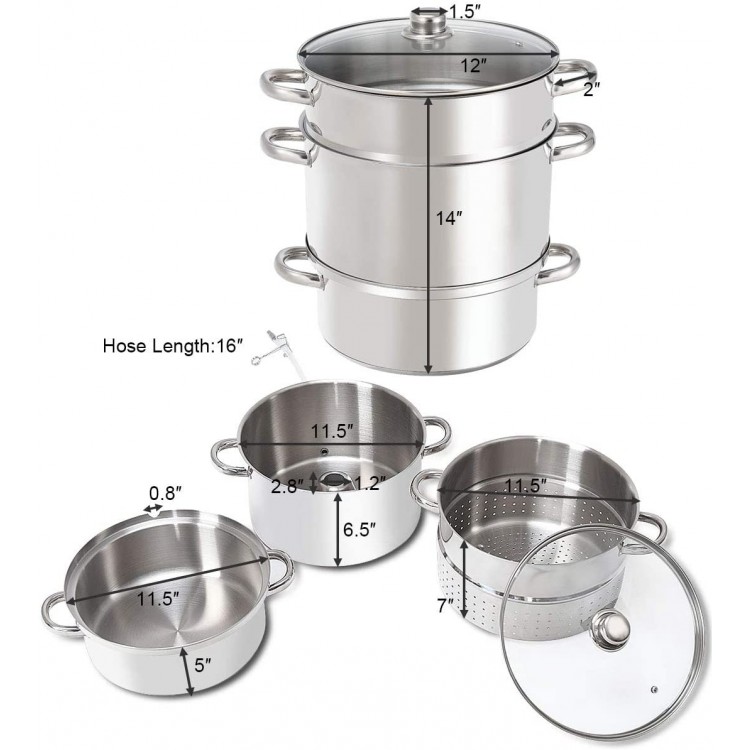 11-quart stainless steel fruit juicer steamer with tempered glass lid and loop handles for easy transport and use.