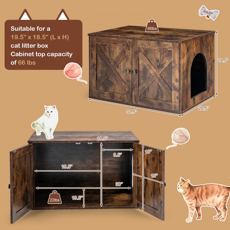 Wooden hidden cabinet cat furniture with double doors, suitable for litter boxes, featuring a retro design and sturdy.