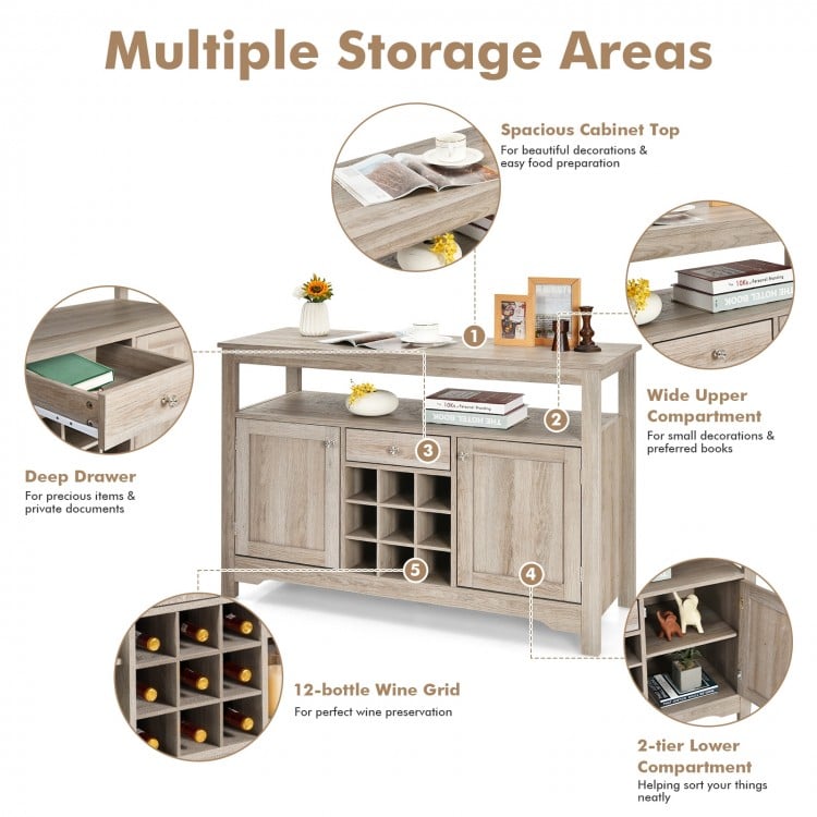 Gray buffet server sideboard showcasing a spacious top shelf, deep drawer, and 12-bottle wine grid for organized.