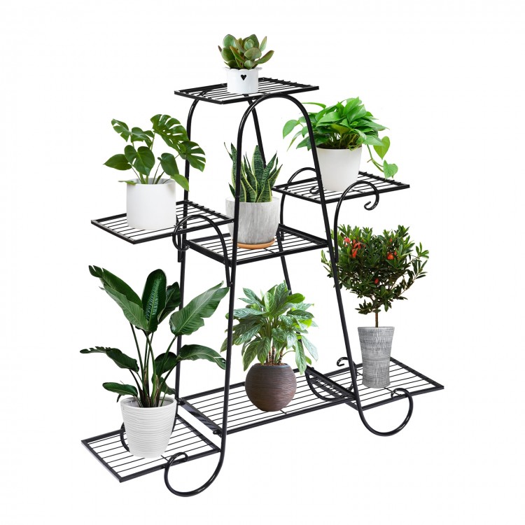 7-tier metal patio plant stand with a classic design, featuring a durable iron structure for displaying various plants.