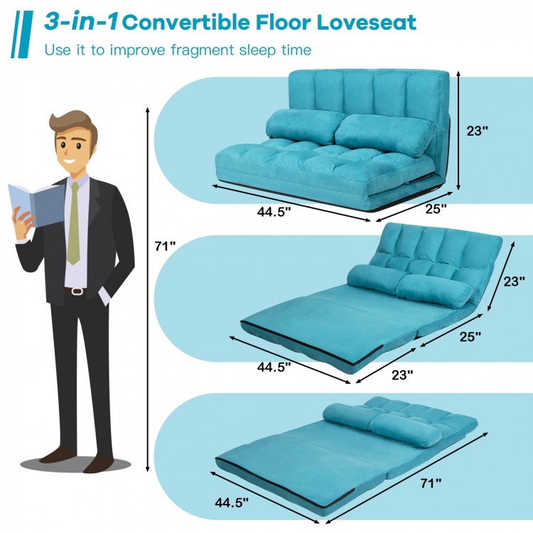 Blue 3-in-1 convertible floor loveseat with adjustable backrest, transforming from sofa to bed for versatile relaxation.