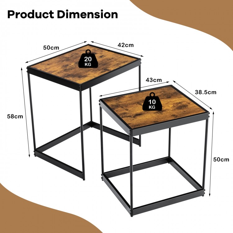Set of 2 rustic brown nesting end tables with metal legs, featuring dimensions for convenient storage and stability.