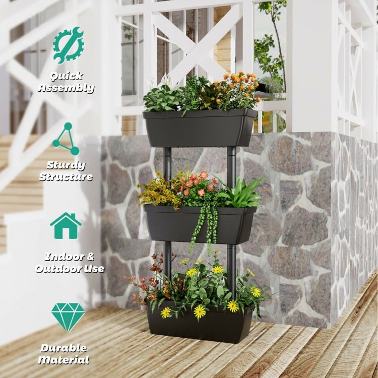 3-tier freestanding vertical plant stand with durable PP pots, ideal for indoor and outdoor gardening use.