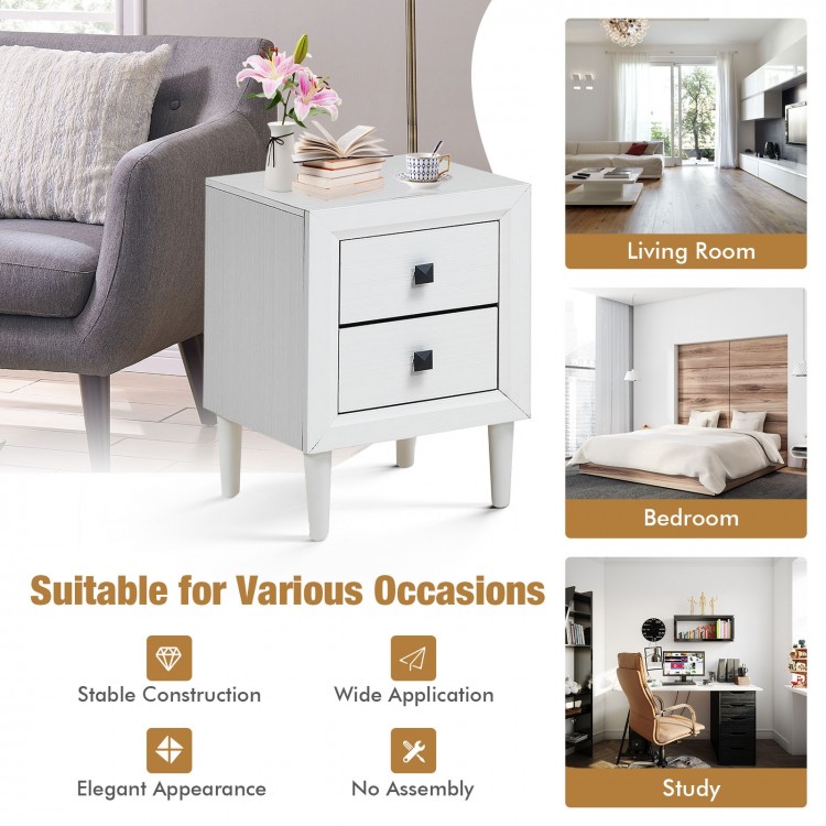 White retro bedside nightstand with two drawers and handles, perfect for bedroom or living room decor.