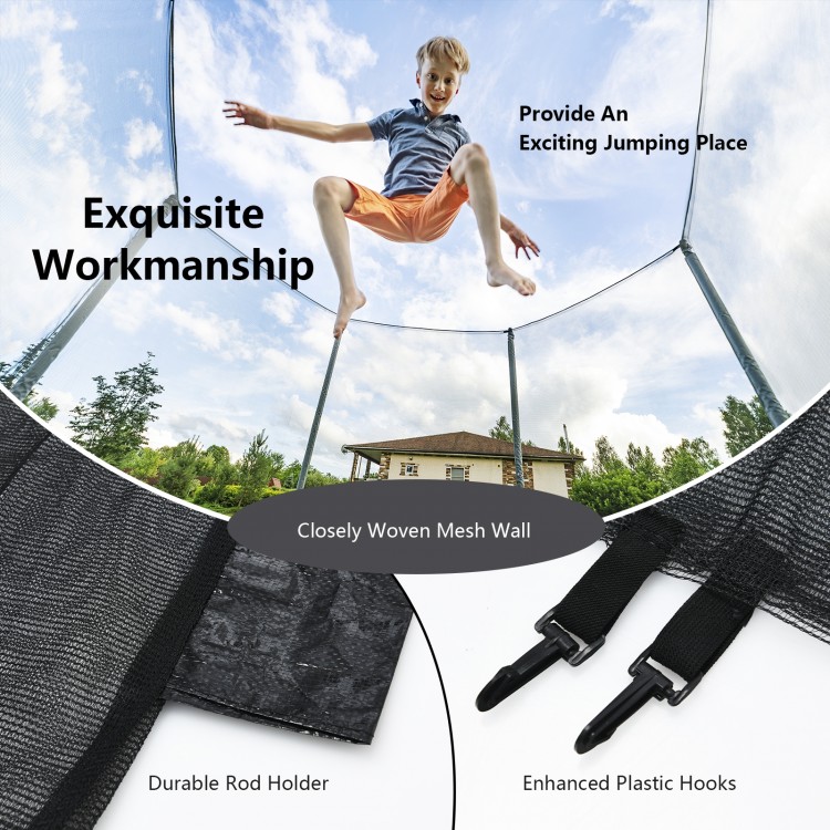 Trampoline safety enclosure net for 8 ft round trampolines, featuring tightly woven mesh and durable rod holders for.