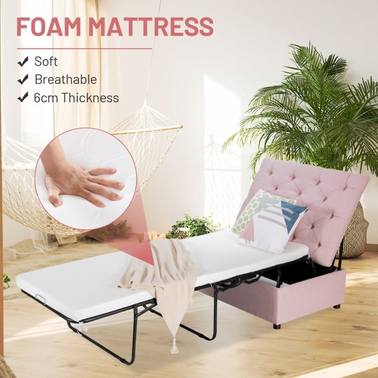 Folding ottoman sleeper bed with 6cm thick soft mattress in pink, ideal for guest beds and office naps.