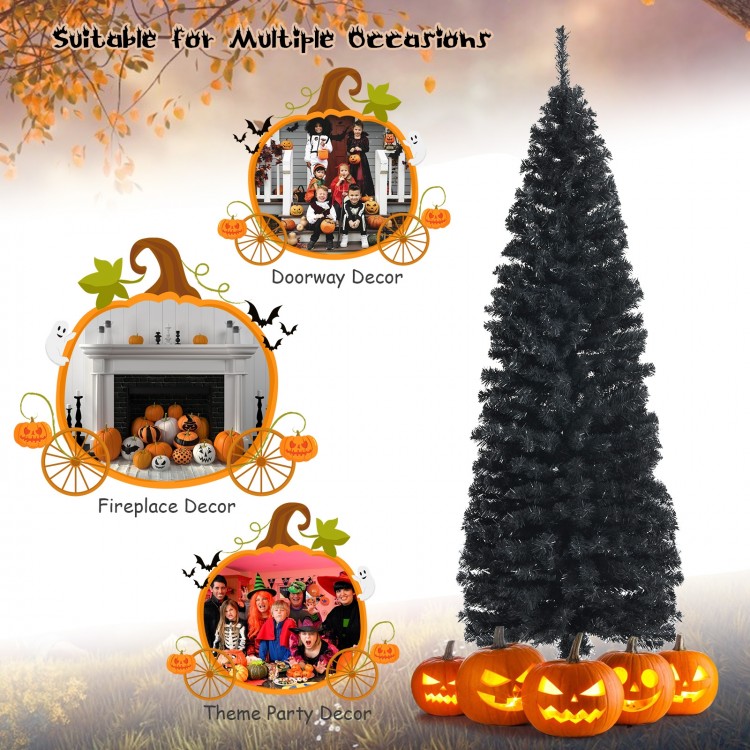 6-foot unlit black artificial pencil tree with metal stand, perfect for Halloween and versatile holiday decor.