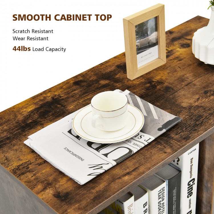 Mobile file cabinet with a smooth brown top, featuring storage shelves and wheels for easy movement in any room.