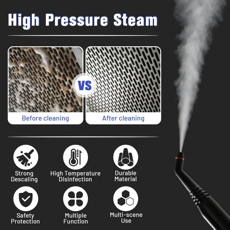 High-pressure steam cleaner with detachable handheld unit, showcasing before and after cleaning surfaces for effective.