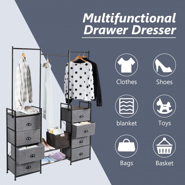 3-in-1 portable multifunctional dresser with 8 fabric drawers and metal rack for organizing clothes and shoes.