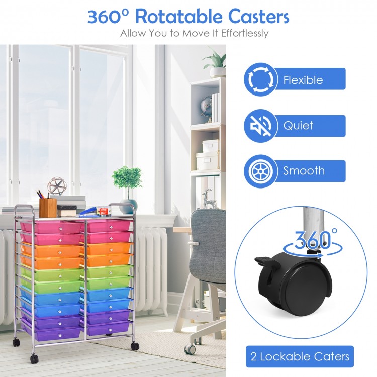 Colorful 20-drawer rolling cart with metal frame and 4 wheels, ideal for organizing art supplies in home or classroom.