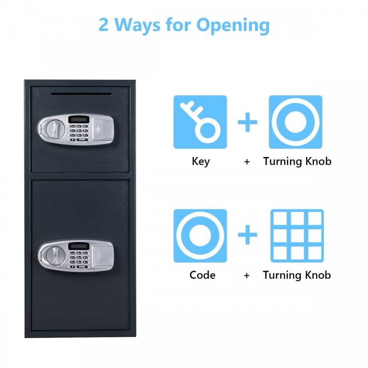 Digital safe box with two doors, featuring key and code access options for enhanced security and easy operation.