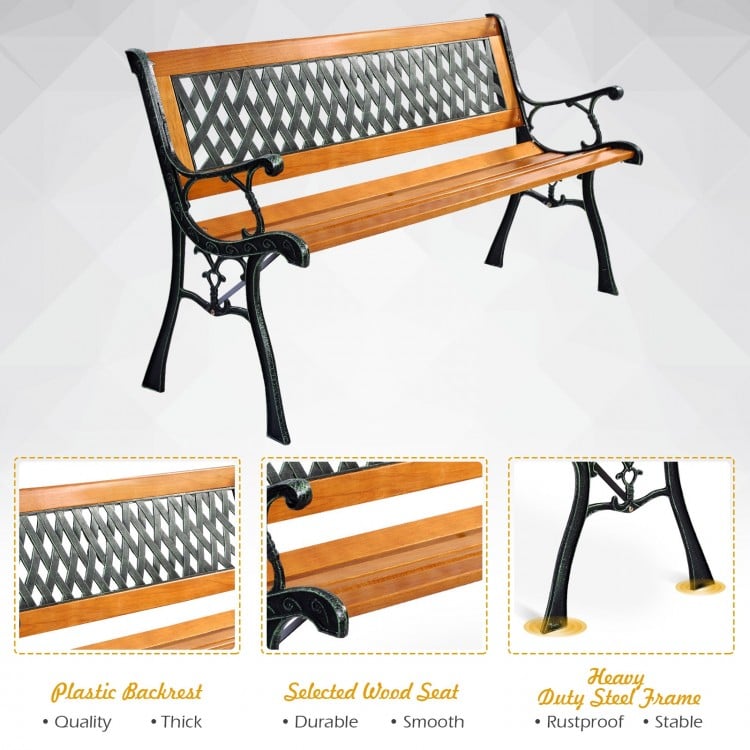 Outdoor cast iron patio bench with a solid wood seat and PVC backrest, designed for comfort and stability.