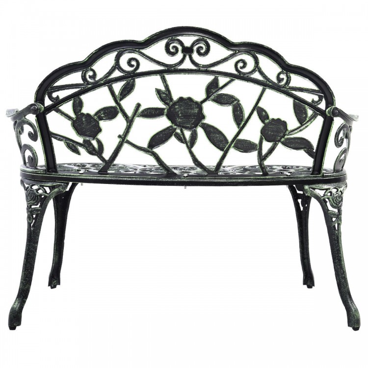 Antique rose style outdoor cast aluminum patio bench in antique green, perfect for garden or backyard relaxation.