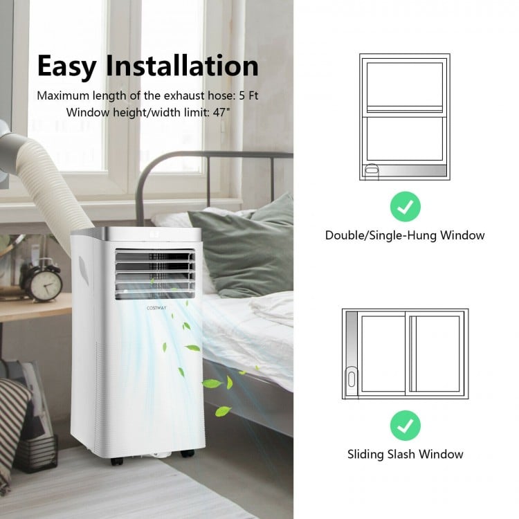 Portable 8000 BTU air conditioner with remote control, compact design, ideal for cooling and dehumidifying any room.