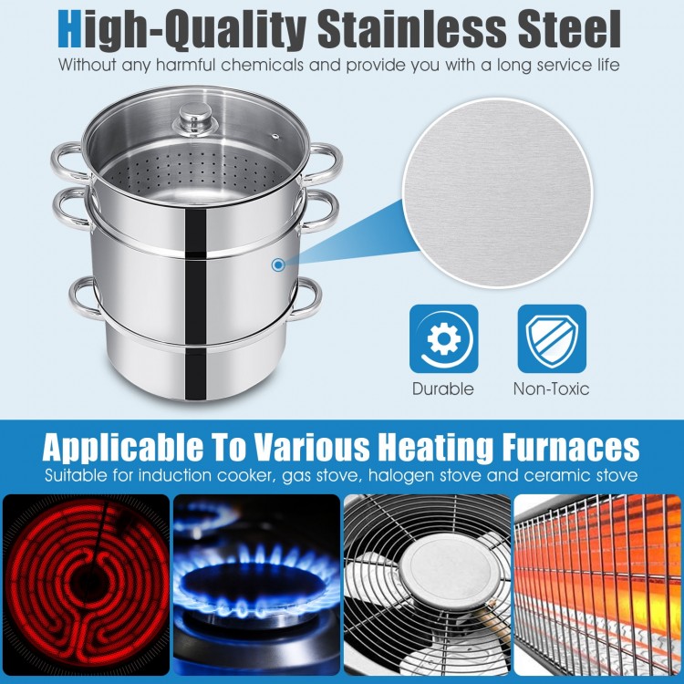 11-quart stainless steel fruit juicer steamer with tempered glass lid, suitable for gas, electric, and induction.