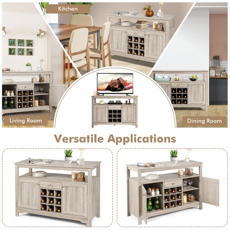 Buffet server sideboard in gray with wine grid for 9 bottles, spacious drawers, and adjustable shelves for versatile.