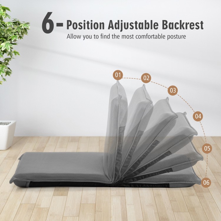 Adjustable 6-position gray floor chair with thick padding, perfect for reading, gaming, or relaxing in any room.