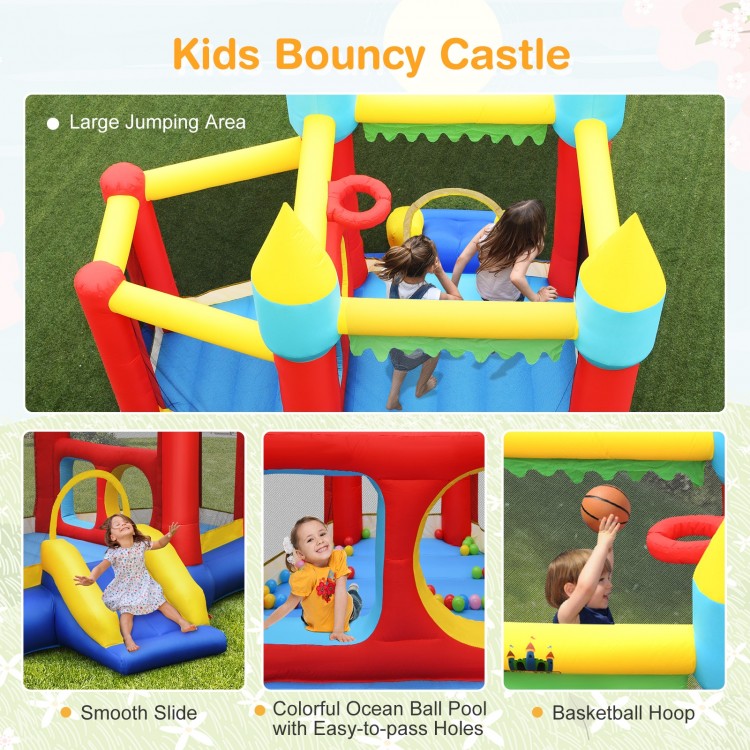 Kids bouncing in the inflatable bounce castle featuring dual jumping areas, slide, and colorful ocean balls for fun.