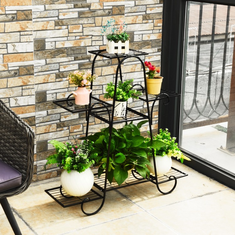 7-tier metal patio plant stand with a smooth surface, perfect for displaying plants in various home and garden settings.