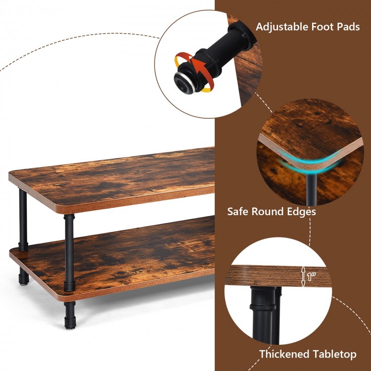 Industrial vintage coffee table with a thickened tabletop and adjustable foot pads, featuring a double-tier storage.
