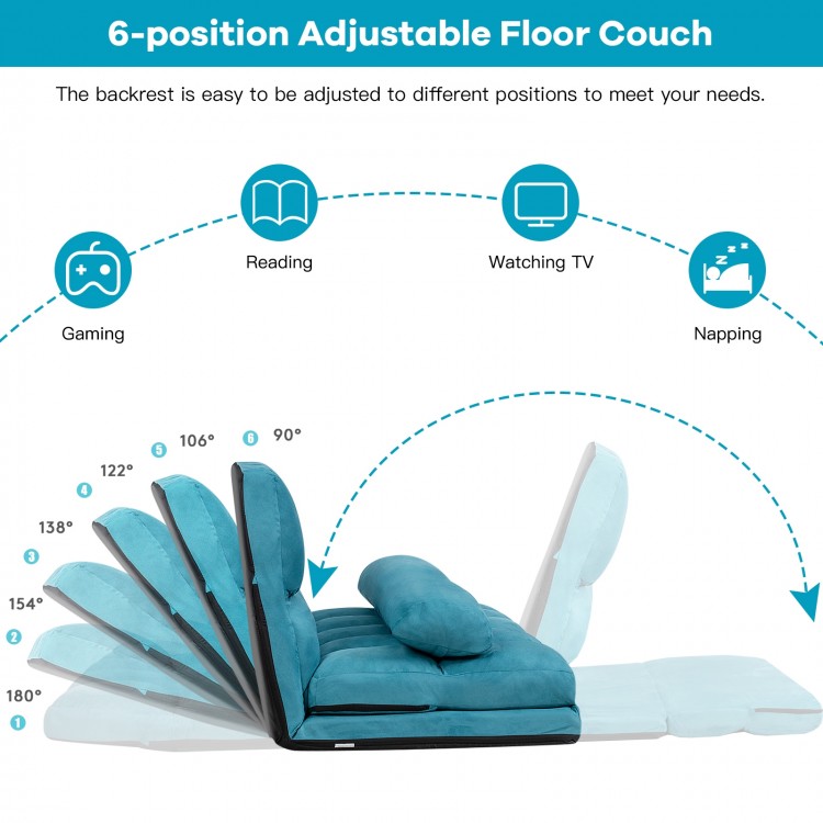 Adjustable blue floor couch in 6 positions, featuring a soft cushion and foldable design for versatile lounging.