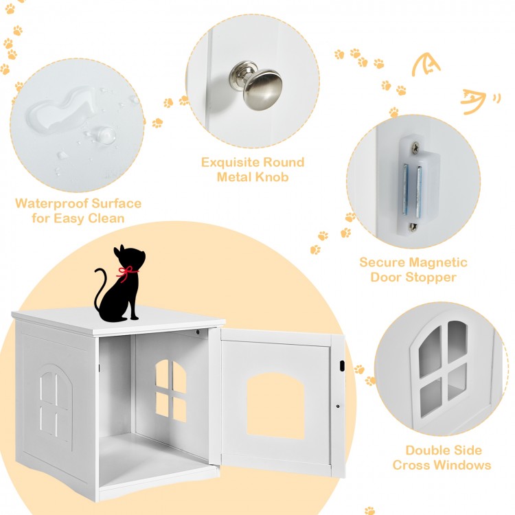 White side table nightstand cat house featuring double side cross windows and waterproof surface for easy cleaning.