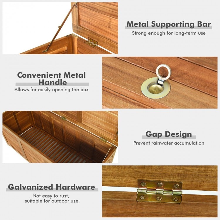 Detail of the galvanized hardware and metal handle on the 46-gallon acacia wood storage bench box for patio use.