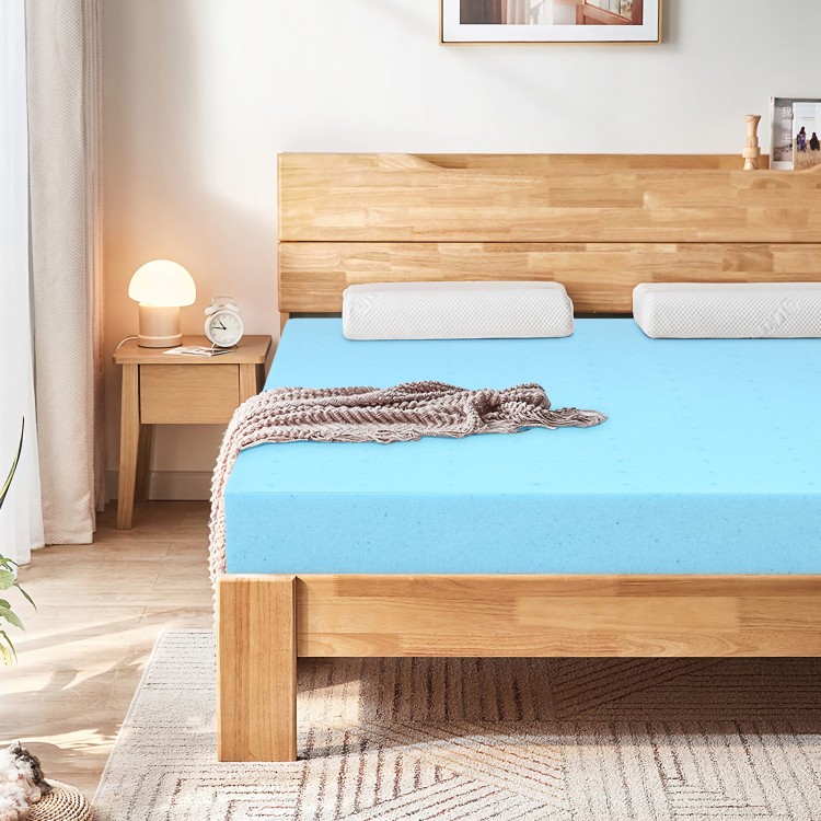 3-inch gel-infused cooling mattress topper in blue resting on a wooden bed frame, enhancing comfort and support for.