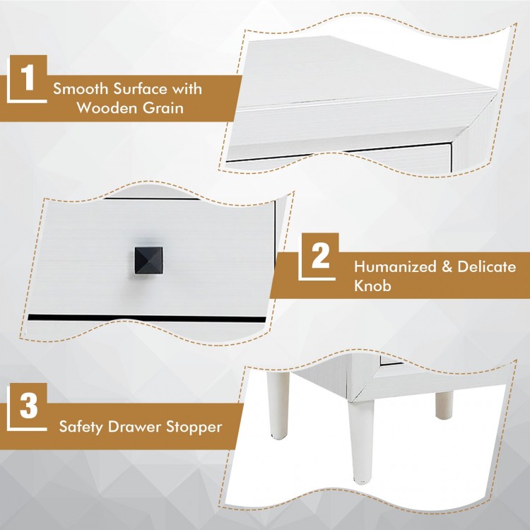 Close-up of the white retro bedside nightstand showcasing smooth wooden grain, humanized knob, and safety drawer.