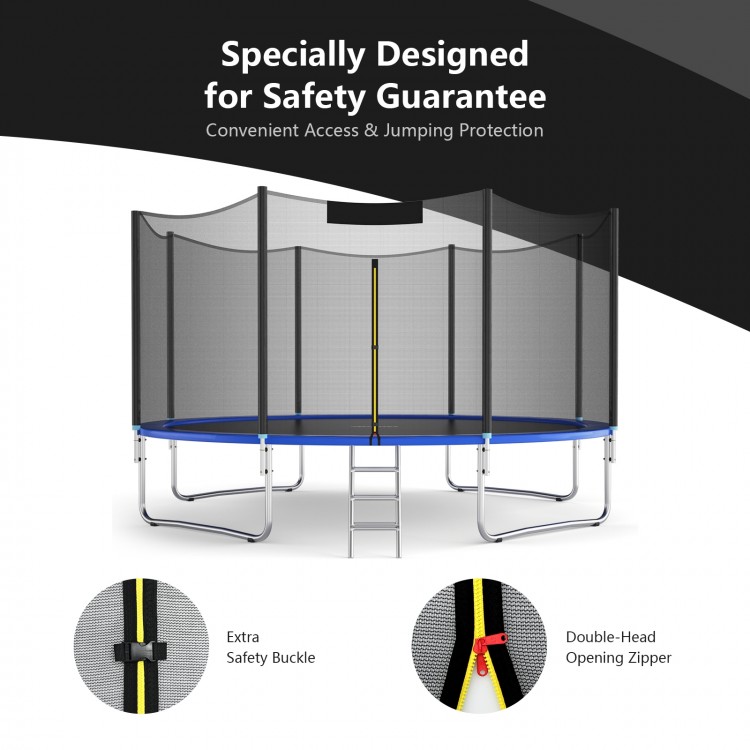Trampoline safety enclosure net for 8FT round trampolines, featuring double-headed zipper and safety buckles for.