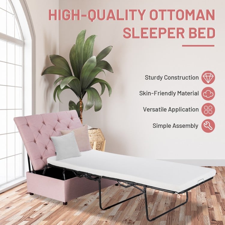 Folding ottoman sleeper bed in pink with thick mattress, ideal for guest use or office naps, featuring sturdy steel.