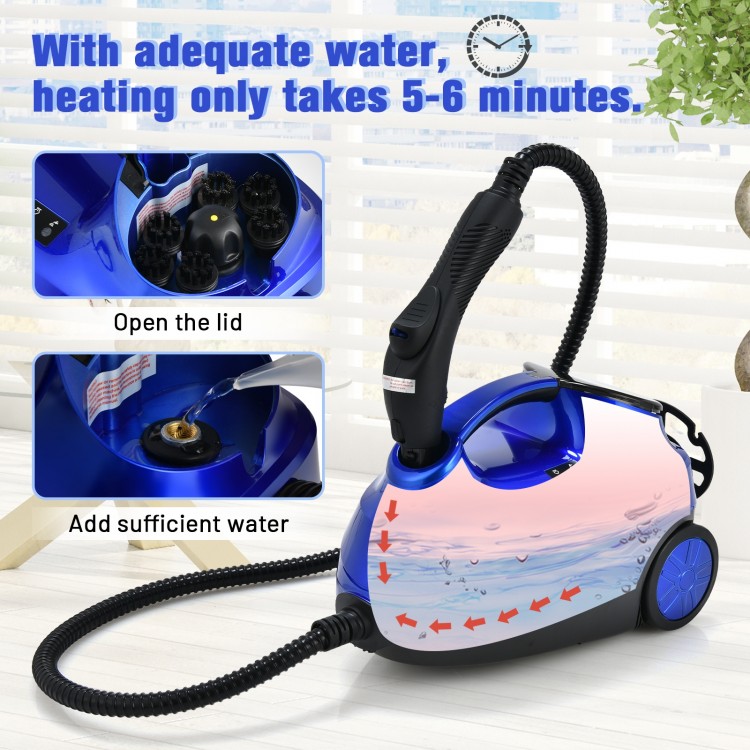 Heavy-duty 2000W steam cleaner mop in blue with detachable unit, featuring a 1.5L tank for continuous steam cleaning.