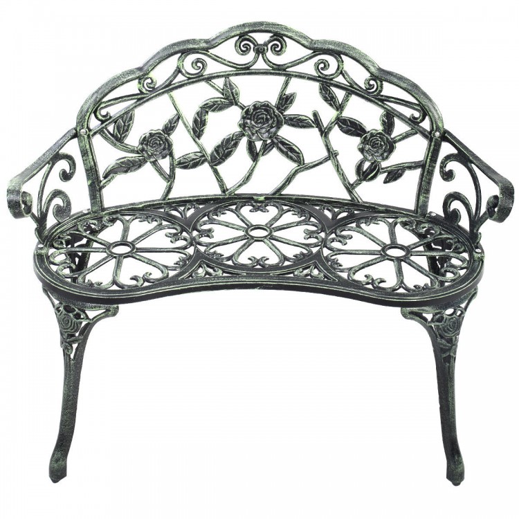 Elegant outdoor cast aluminum patio bench with antique rose design, perfect for garden or backyard relaxation.