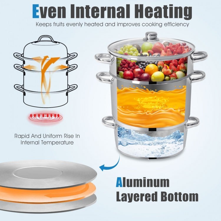 11-quart stainless steel fruit juicer steamer with aluminum layered bottom and tempered glass lid for efficient cooking.