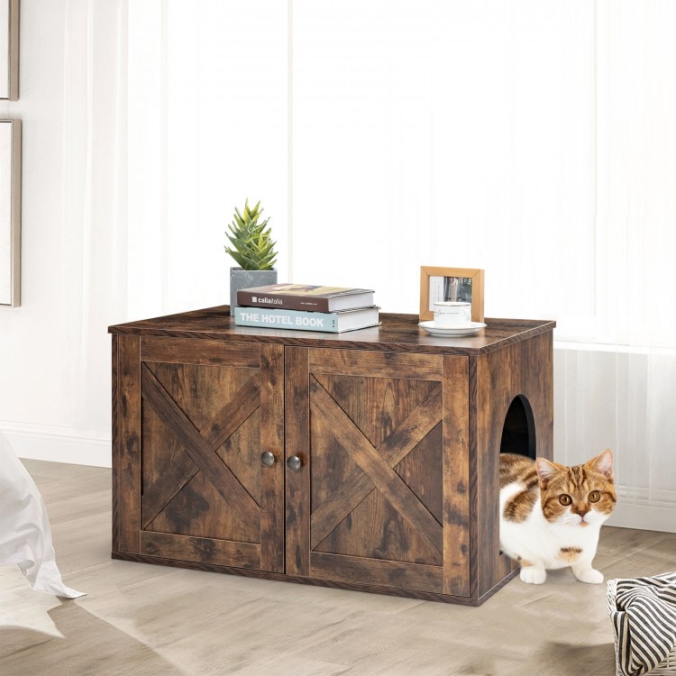 Wooden cat litter box enclosure with a side entryway, featuring a retro design and spacious top for storage and display.