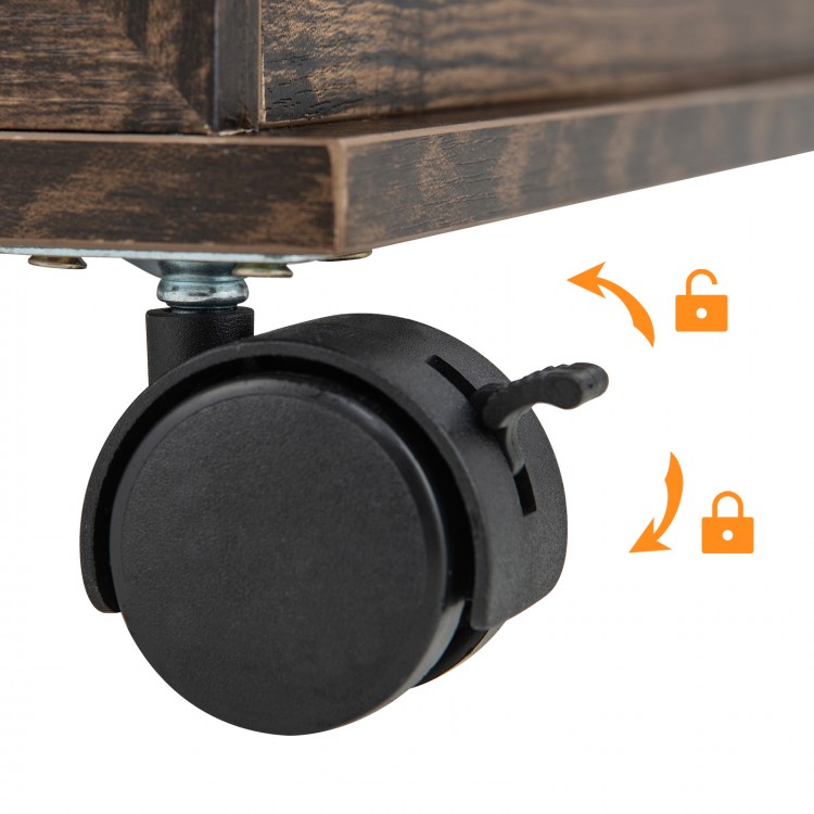 Close-up of a lockable wheel on the 47-inch jewelry cabinet armoire, designed for easy mobility and stability.