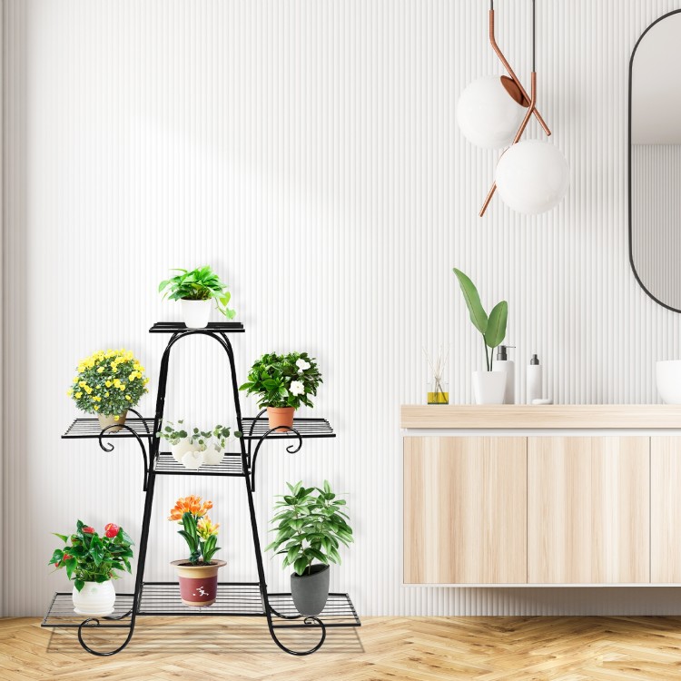 7-tier metal patio plant stand with a classic design, featuring multiple plants displayed on durable shelves.