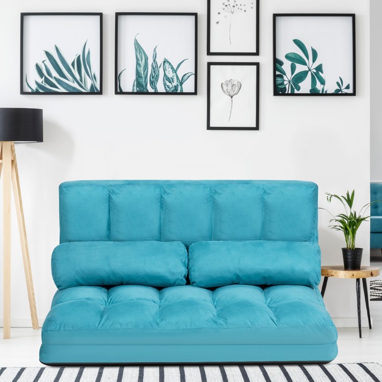 Blue foldable floor lounge couch with adjustable backrest, featuring a soft cushion for versatile seating and.