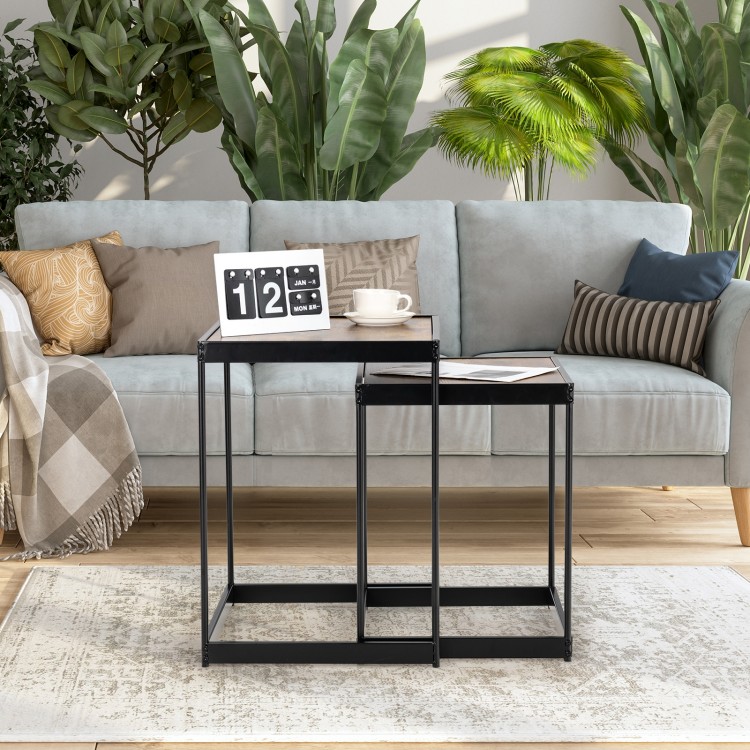 Set of 2 rustic brown nesting end tables with metal legs, ideal for living room or office use and easy storage.
