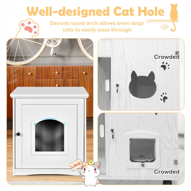 White side table nightstand cat house featuring a spacious cat hole and two cross windows for ventilation and style.