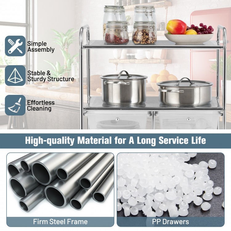 Rolling storage cart with 4 big drawers and 2 mesh shelves, made of steel for durability, ideal for kitchen and office.