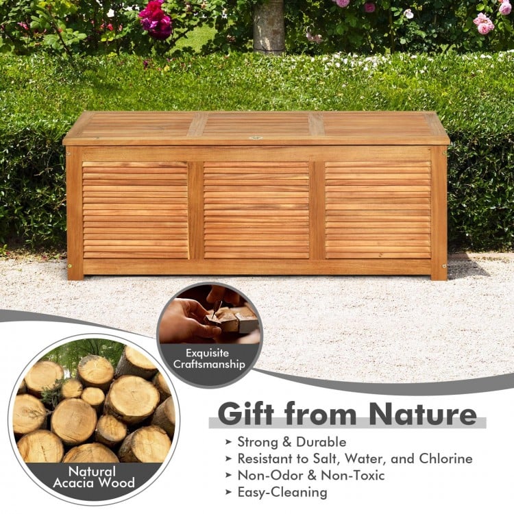 Acacia wood storage bench box with flip-top lid, 46-gallon capacity, ideal for patio or garden organization.