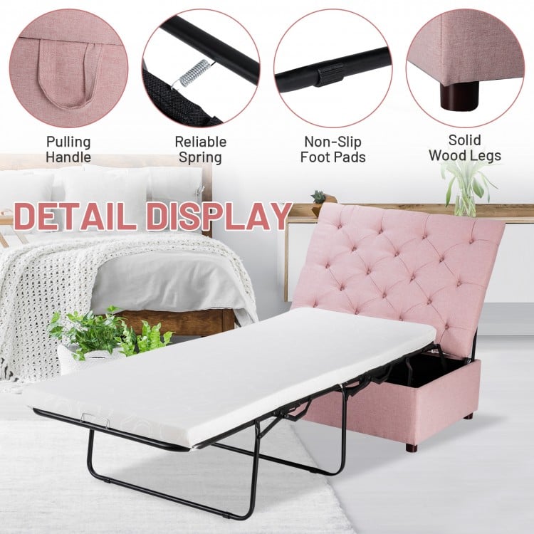 Folding ottoman sleeper bed in pink with thick mattress, solid wood legs, and non-slip foot pads for versatile use.