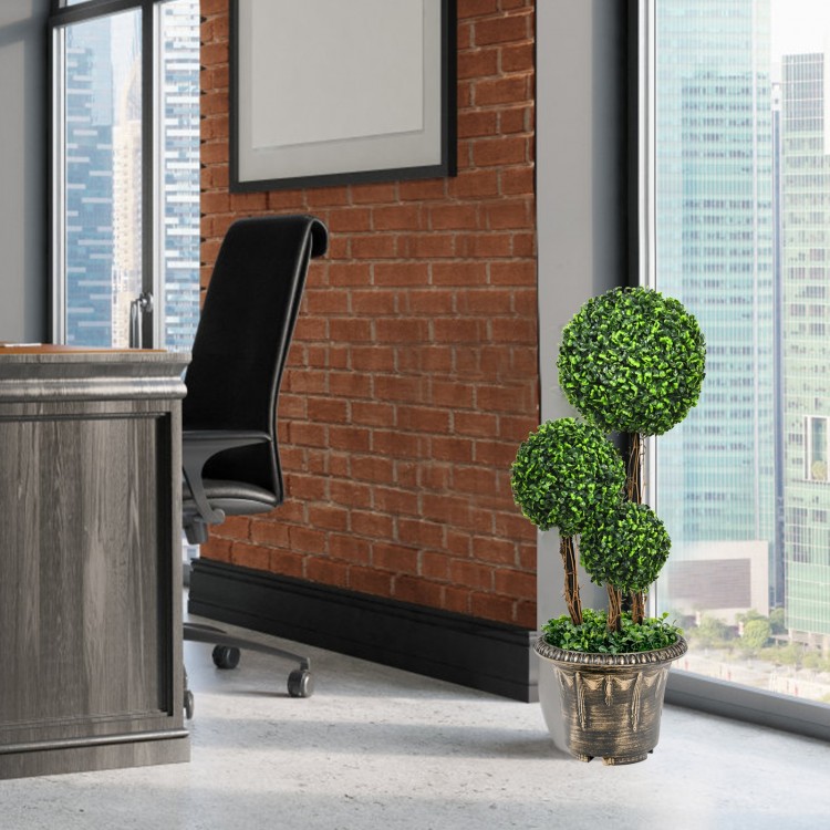 30-inch artificial topiary triple ball tree with vibrant green PE leaves, perfect for indoor and outdoor decoration.