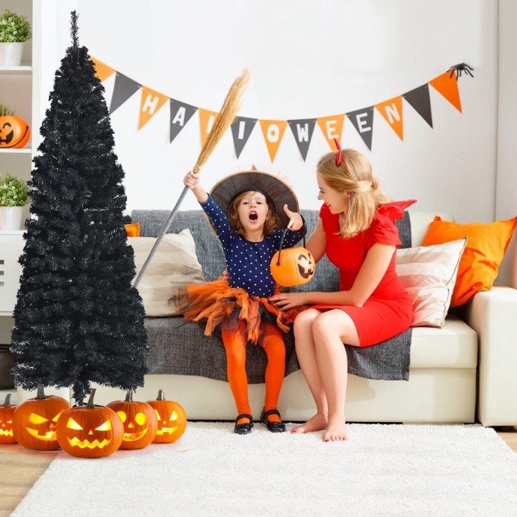 Black 6 feet unlit artificial Halloween pencil tree with metal stand, perfect for spooky decorations and festive.