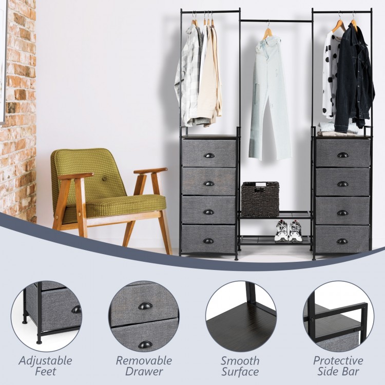 3-in-1 portable dresser with 8 fabric drawers and metal rack, featuring adjustable feet for stability on uneven ground.
