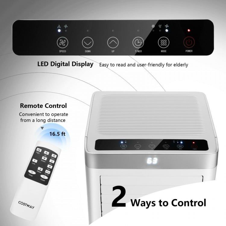 Digital control panel of the 8000 BTU portable air conditioner with remote control for easy operation and cooling.
