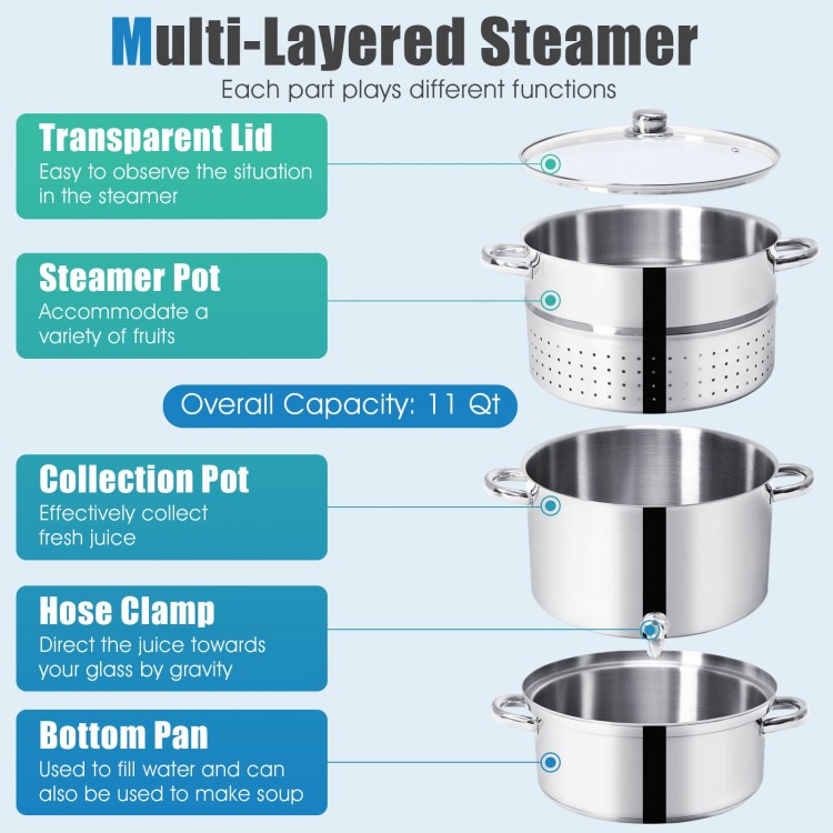 Multi-layered 11-quart stainless steel fruit juicer steamer with tempered glass lid and loop handles for easy transport.