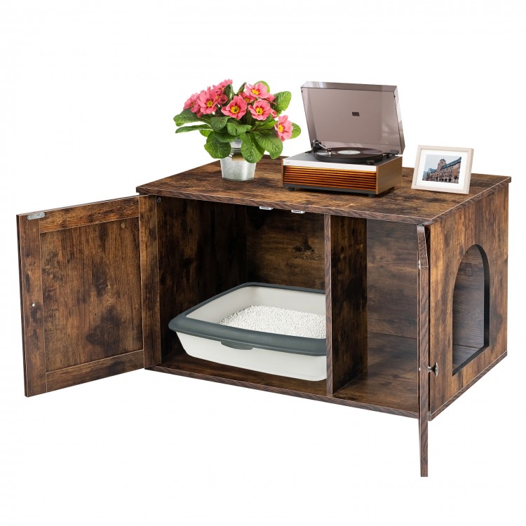 Wooden hidden cabinet cat furniture with divider, featuring a spacious top and side entryway for convenient litter box.